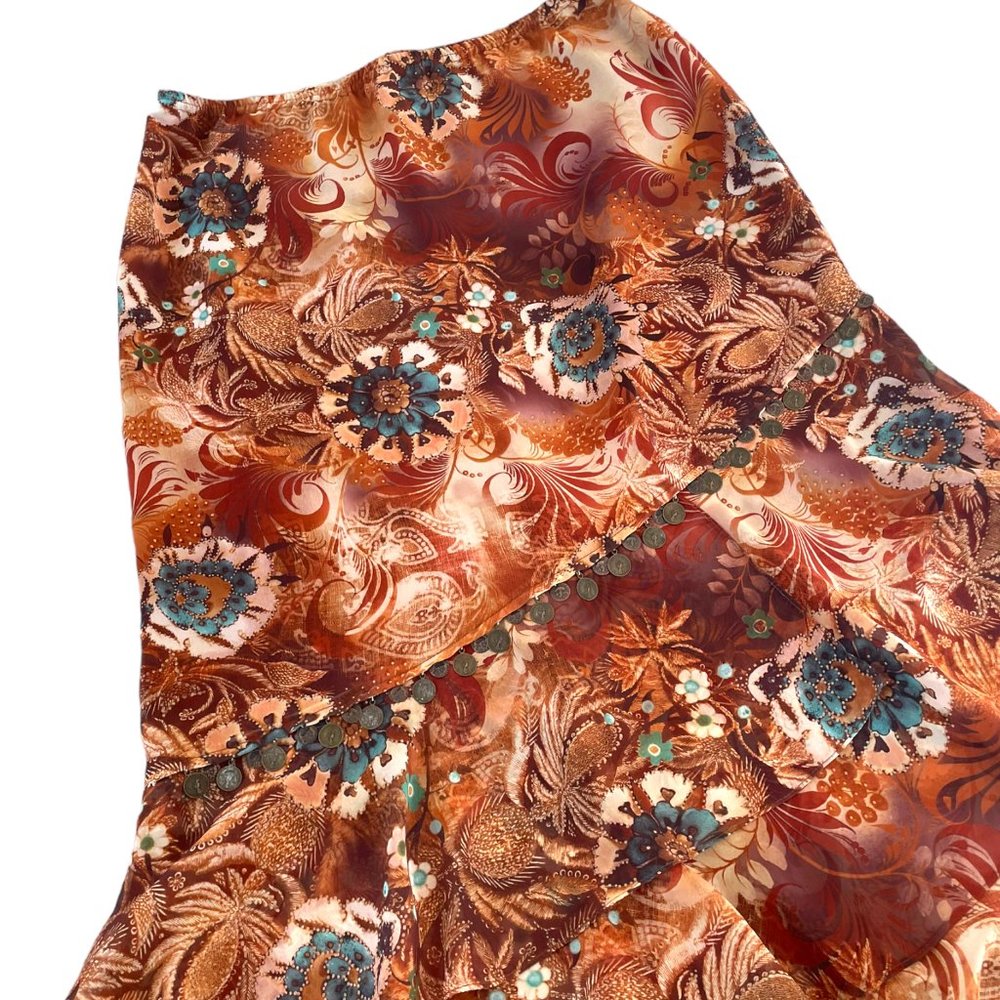 Vintage Y2K Handkerchief Midi Skirt M Earth Tone Florals Coins Fairy Gypsy Core